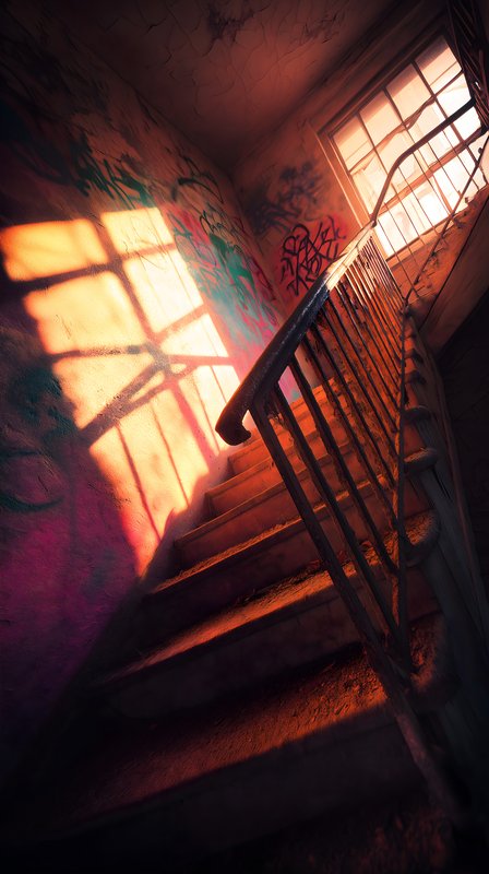 Light shines on stairs in an abandoned building Free Premium Stock Photo - stock photo