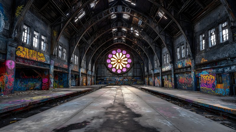 Old warehouse with colorful graffiti and stained glass window Free Premium Stock Image - stock photo