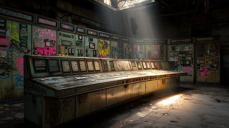 Abandoned control room with old machines and graffiti art Free Premium Stock Photo - stock photo