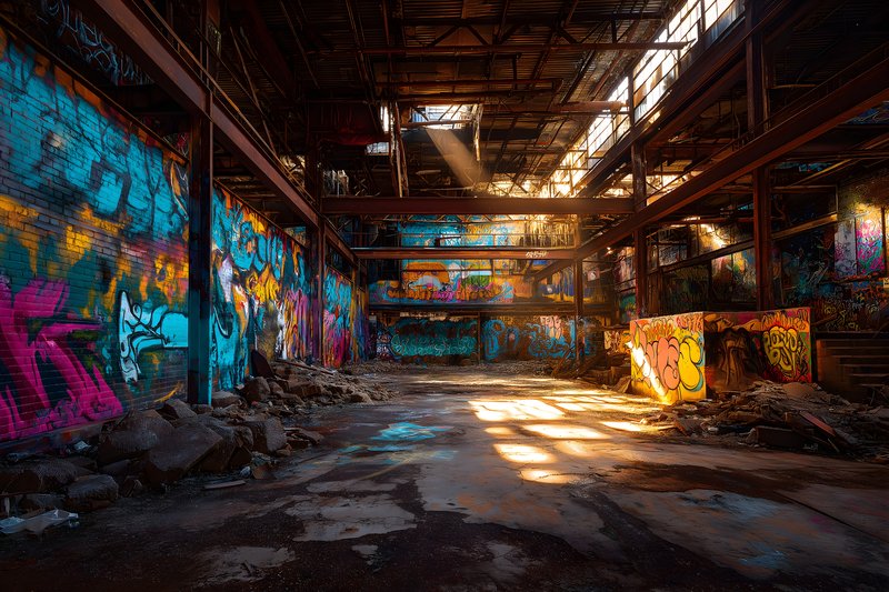 Graffiti covers walls in old warehouse with sunlight shining Free Premium Stock Image - stock photo