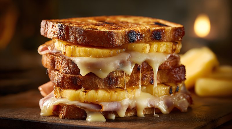 Grilled sandwich with cheese and pineapple stacked on a board Free Premium Stock Photo - stock photo