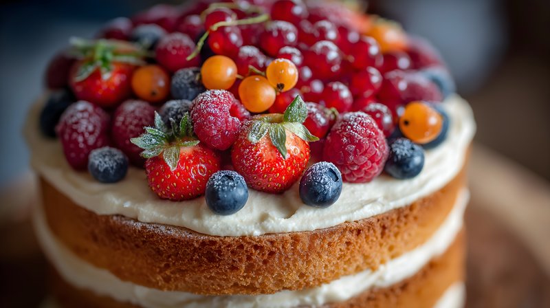 Fresh berry cake with cream and fruits on wooden table Free Premium Stock Photo - stock photo