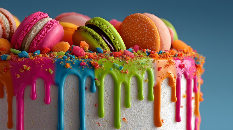 Colorful cake with candies and macarons on top Free Premium Stock Photo - stock photo