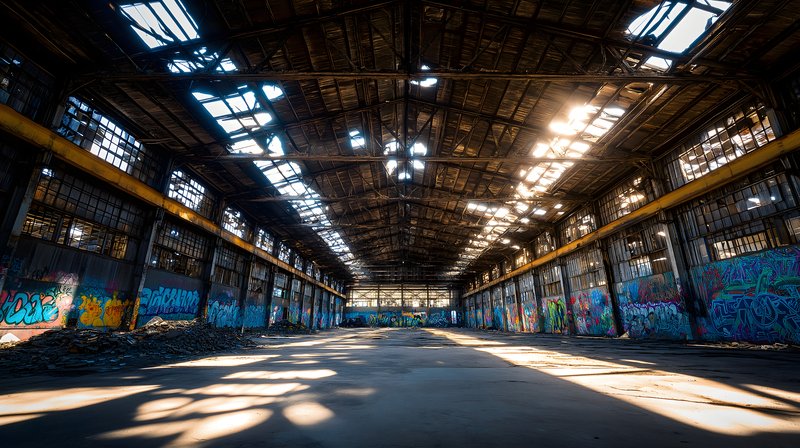 Old warehouse with graffiti and broken windows at sunrise Free Premium Stock Image - stock photo