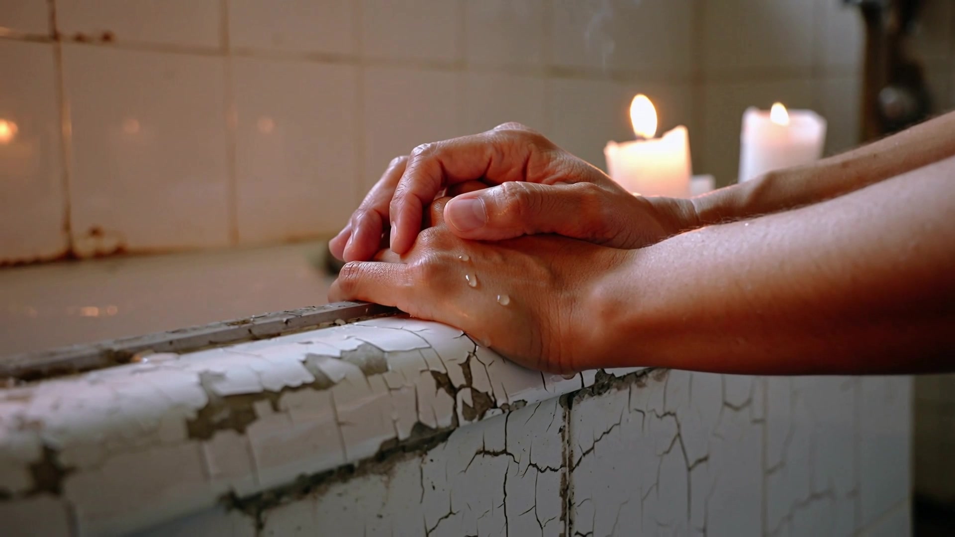 Warm water and candles provide a cozy space for hands relaxing at home in the evening - stock video