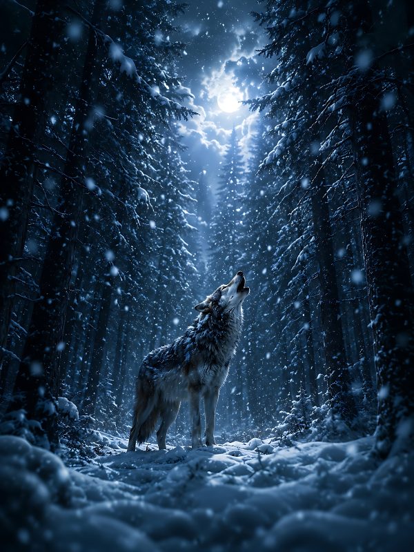 Wolf Howls Under the Moonlight in a Snowy Forest at Night