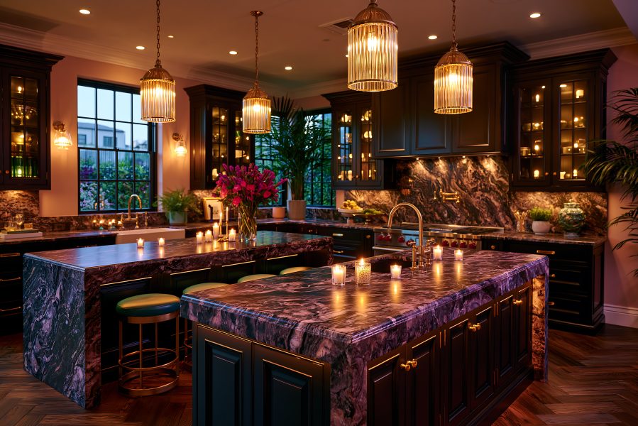 Luxury Chefs Kitchen With Marble Countertops and Elegant Lighting