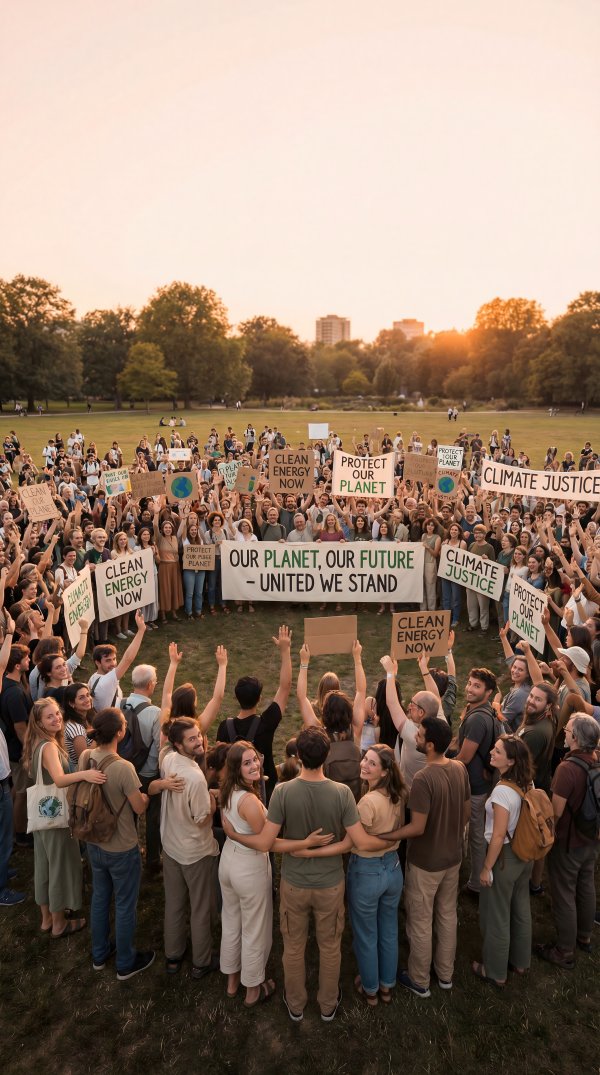 People gather for climate justice event at park in the evening - stock photo