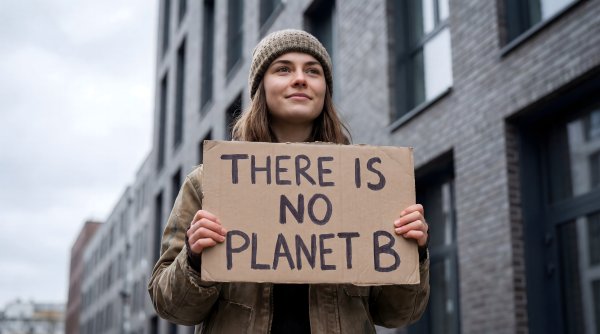 Climate activist stands outside building holding sign in city - stock photo