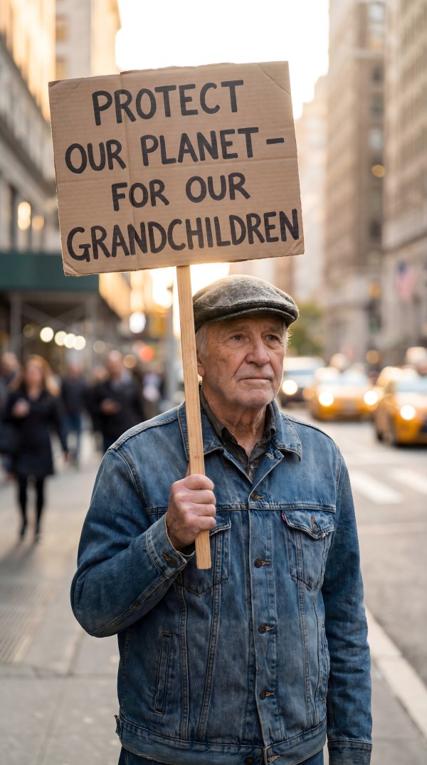 Older man holds sign for planet protection in city street - stock photo