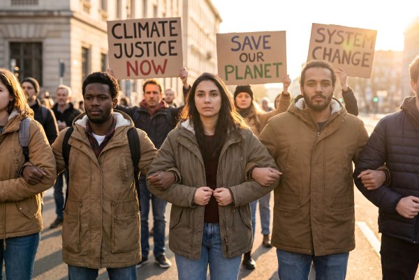 People march for climate justice in a city setting - stock photo