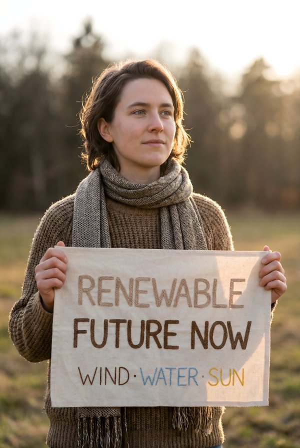 Woman holds sign for renewable energy in a field during sunset - stock photo