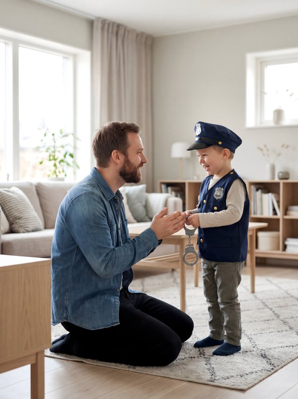 Child plays police officer with father in living room - stock photo