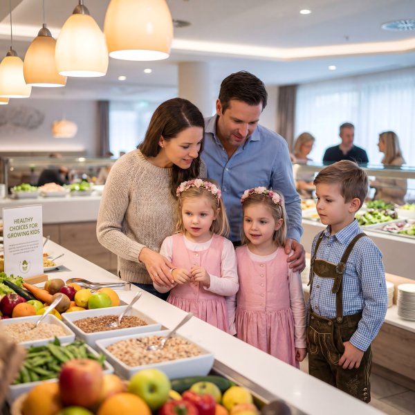 Family enjoys healthy food choices at a buffet in a restaurant - stock photo