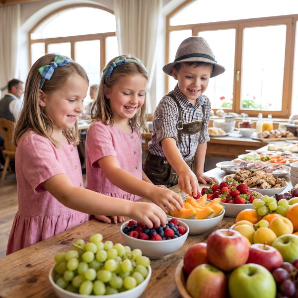 Kids enjoy picking fruits at a breakfast table in a cozy setting - stock photo
