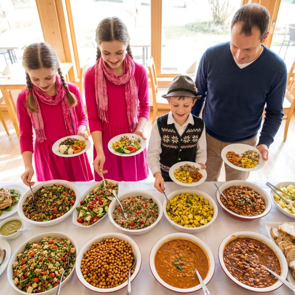 Families enjoy a variety of dishes at a restaurant during lunch - stock photo