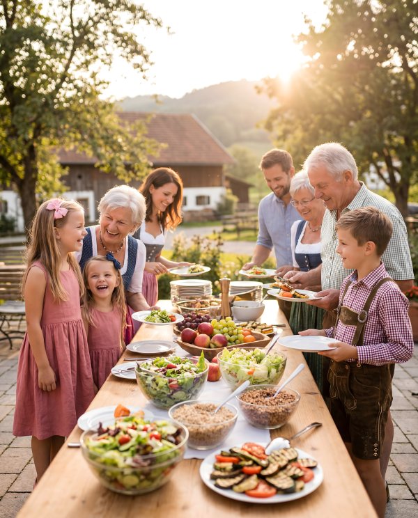 Family gathers for meal in outdoor setting during sunset - stock photo