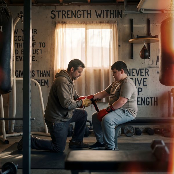 Father teaches son boxing skills in gym during afternoon - stock photo