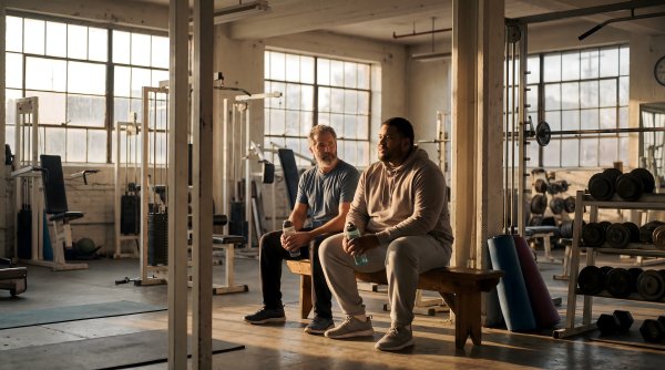 Fitness conversation in a gym during the morning - stock photo