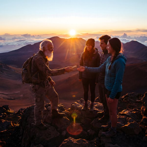 Group of hikers meeting an elder on a mountain at sunset - stock photo