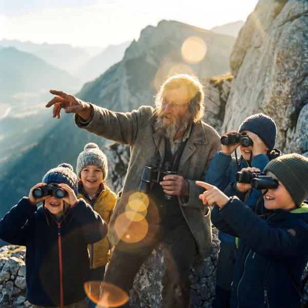Elder man teaches children about nature on mountain hike - stock photo