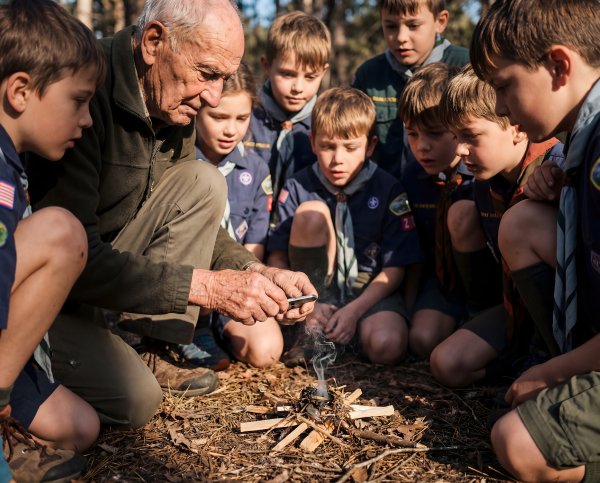 Older man teaches boys how to start a fire in the woods - stock photo