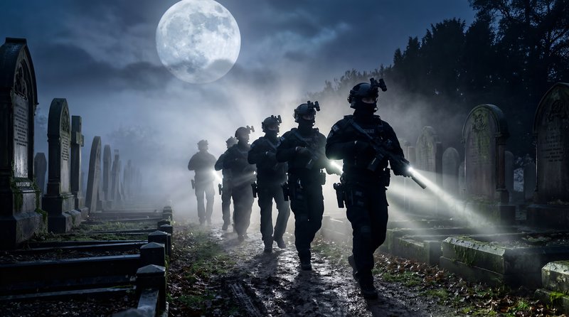 Soldiers walking through a graveyard at night with flashlights Premium Stock Photo - stock photo