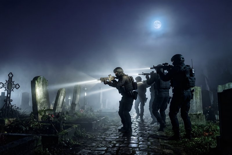 Soldiers moving through a graveyard at night with flashlights Premium Stock Photo - stock photo