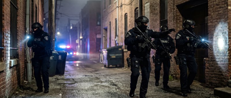 Police officers conduct operation in urban alley at night Premium Stock Photo - stock photo