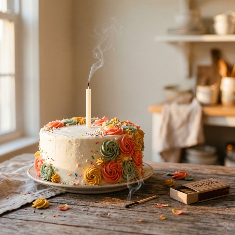 Birthday cake on a wooden table with a lit candle Premium Stock Photo - stock photo