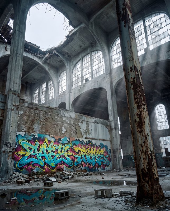 Urban exploration inside an abandoned building with graffiti Premium Stock Photo - stock photo