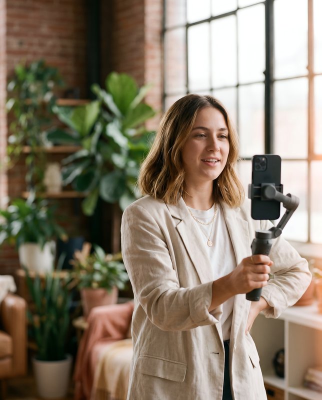 Young woman records video in cozy indoor space with plants Premium Stock Photo - stock photo