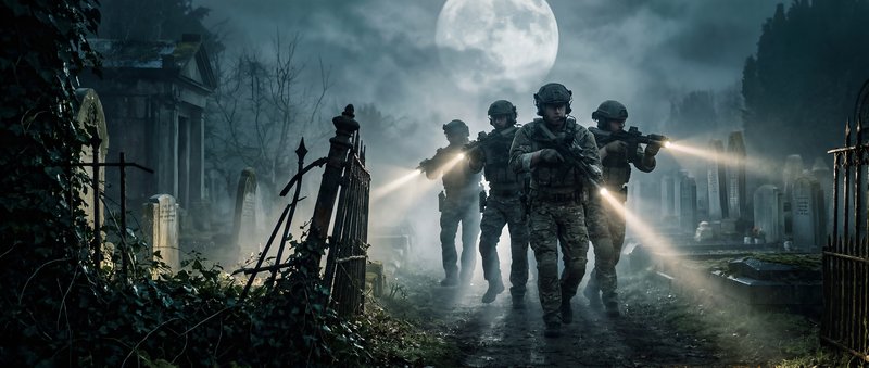 Soldiers search for danger in dark graveyard at night Premium Stock Image - stock photo