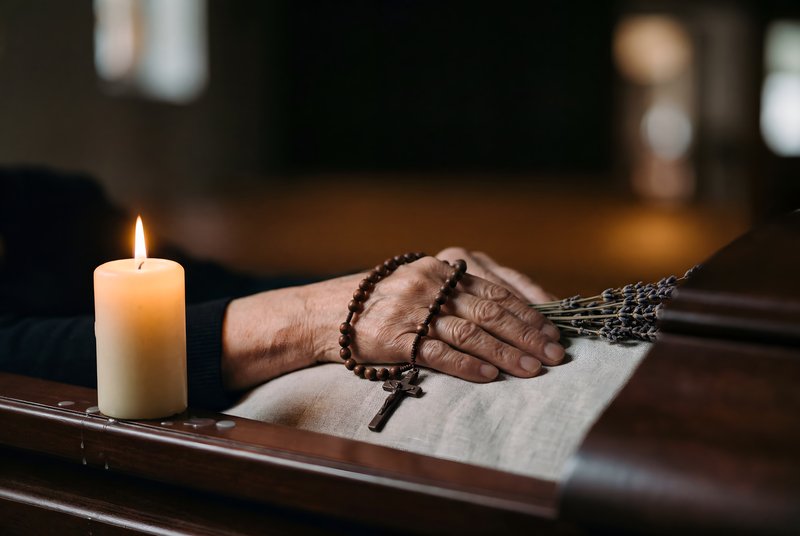 Hands with rosary and candle near a casket during farewell Premium Stock Photo - stock photo
