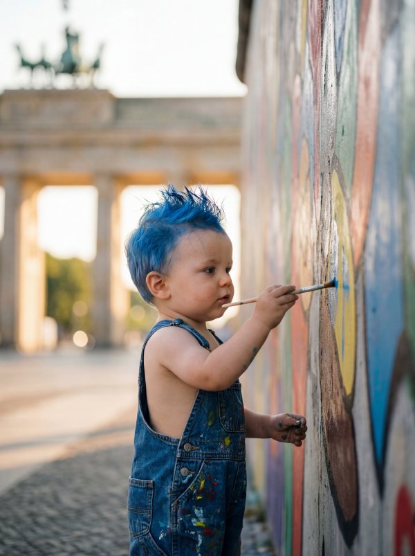 Child paints colorful mural near historic landmark in Berlin - stock photo
