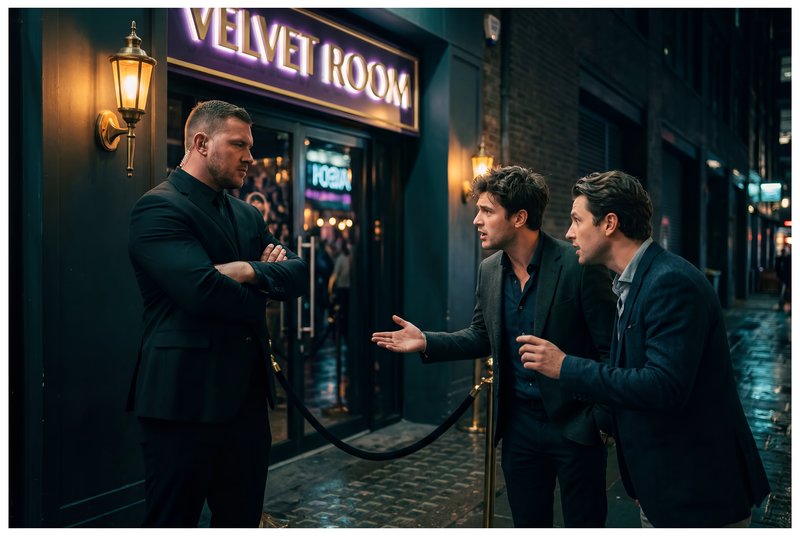 Two men talk to bouncer outside Velvet Room at night Premium Stock Image - stock photo