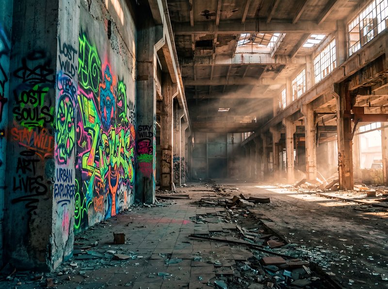 Graffiti on walls of abandoned warehouse with sunlight streaming Premium Stock Image - stock photo