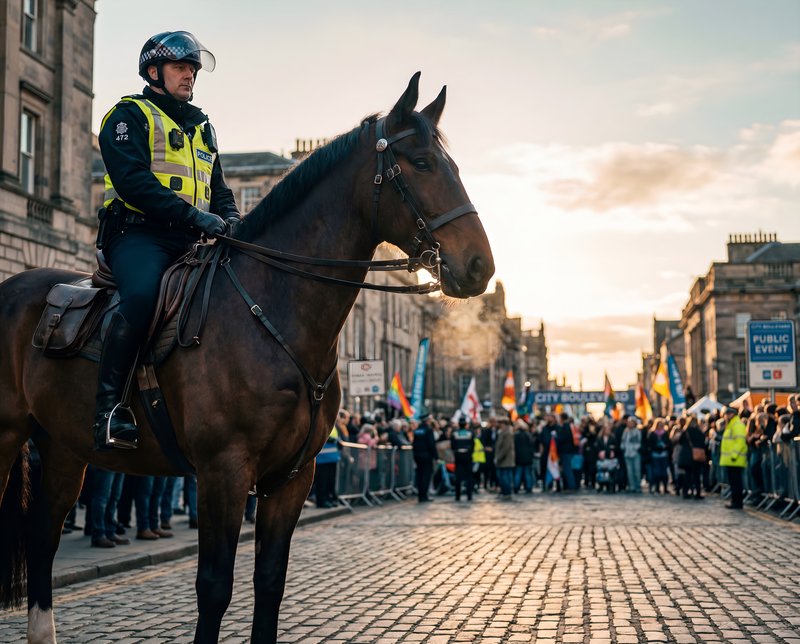 Crowd gathers for event while police monitor from horseback Premium Stock Photo - stock photo