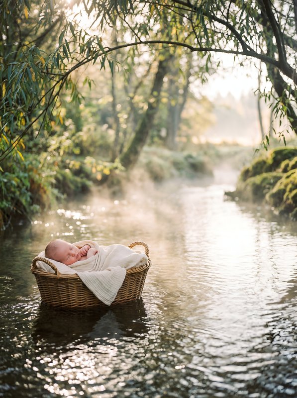 Baby sleeps peacefully on a basket in a stream at daytime Premium Stock Photo - stock photo