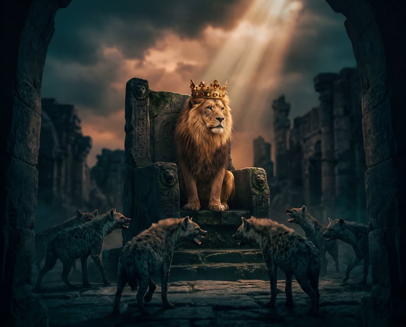 Lion sits on throne with wolves gathered below in ruins Premium Stock Photo - stock photo