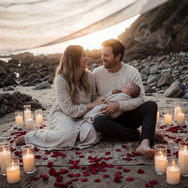 Family enjoys a sunset on the beach with candles and rose petals - stock photo