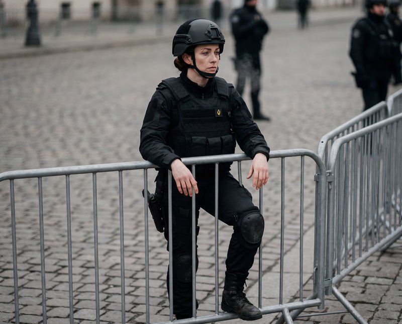 Police officer stands guard by barricade in city square Premium Stock Photo - stock photo