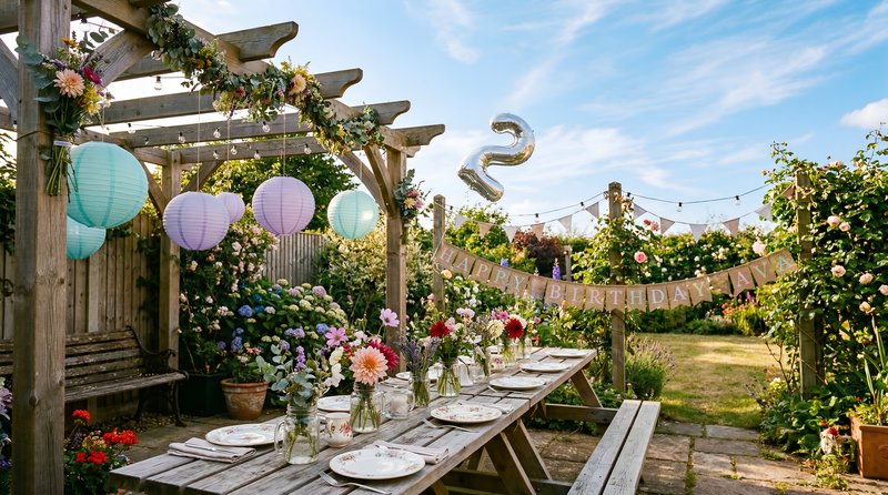 Birthday celebration in garden with decorations and table setup Premium Stock Photo - stock photo