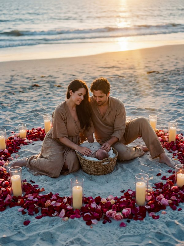 A couple sits on the sand by the ocean with their newborn child - stock photo