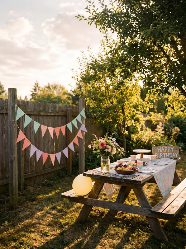 Birthday celebration setup in garden with decorations and food Premium Stock Photo - stock photo