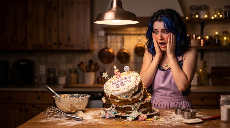 Birthday cake disaster in kitchen with shocked young woman Premium Stock Image - stock photo