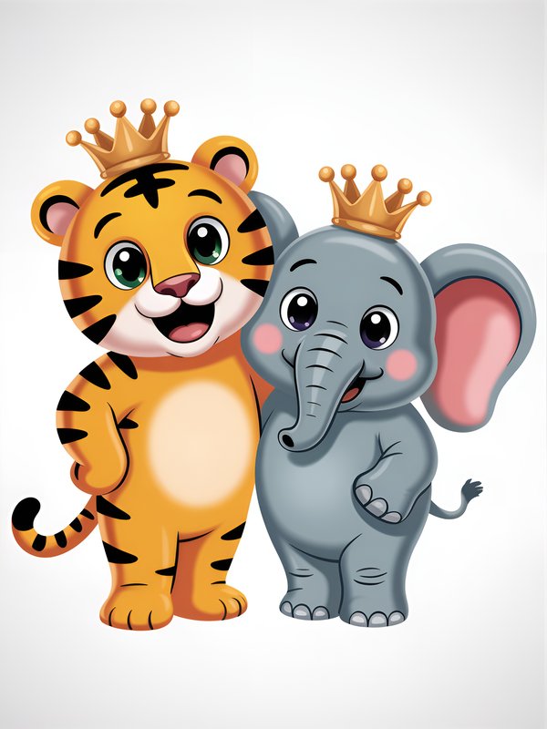 Cute tiger and elephant wearing crowns stand together Premium Stock Image - stock photo