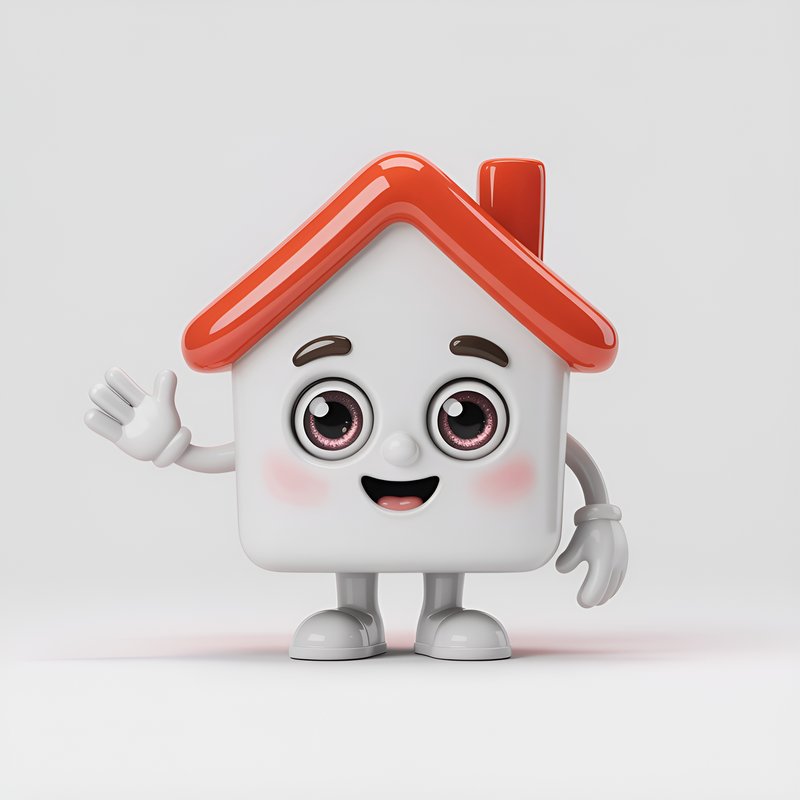 Happy house character waving in a simple setting Premium Stock Photo - stock photo