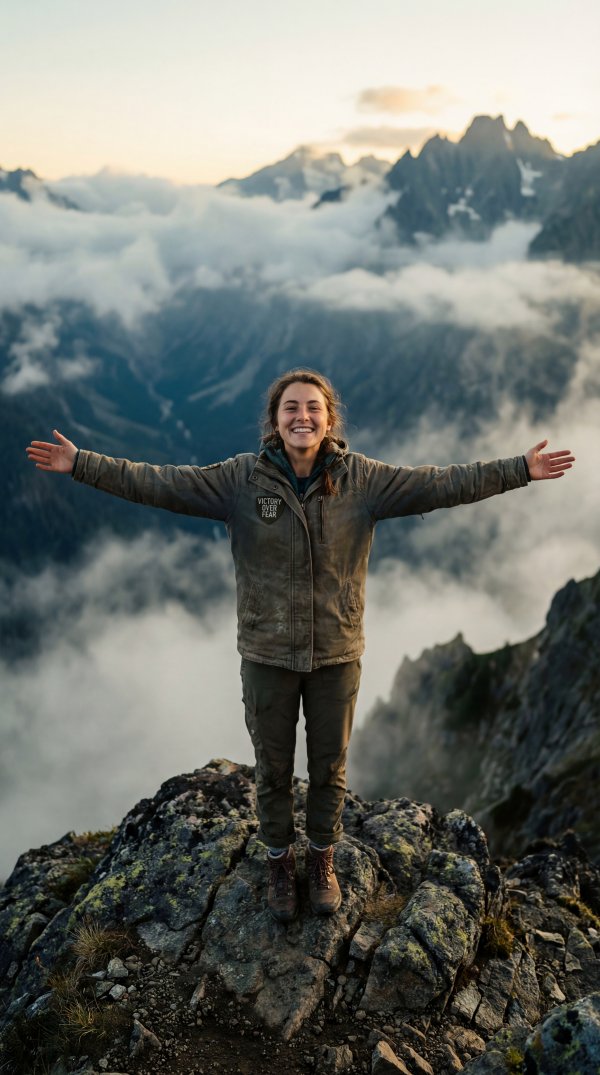 Man stands on mountain peak with arms open during sunset - stock photo