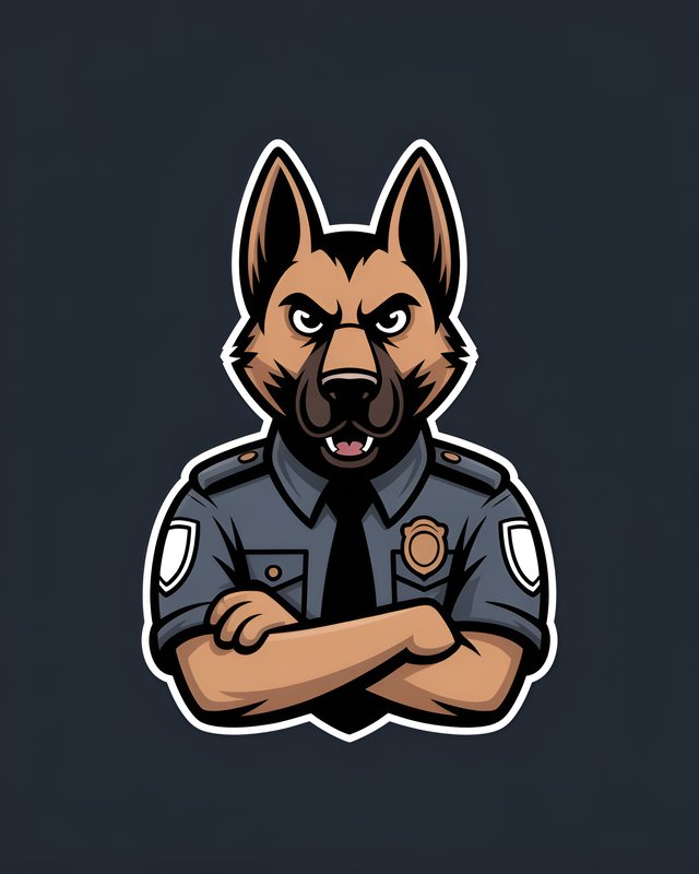 Cartoon police dog character stands with arms crossed Premium Stock Image - stock photo